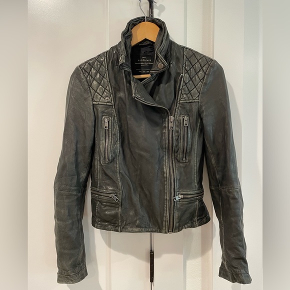 All Saints Cargo Biker Leather Jacket - Distressed Black Leather size 2 - Picture 4 of 13